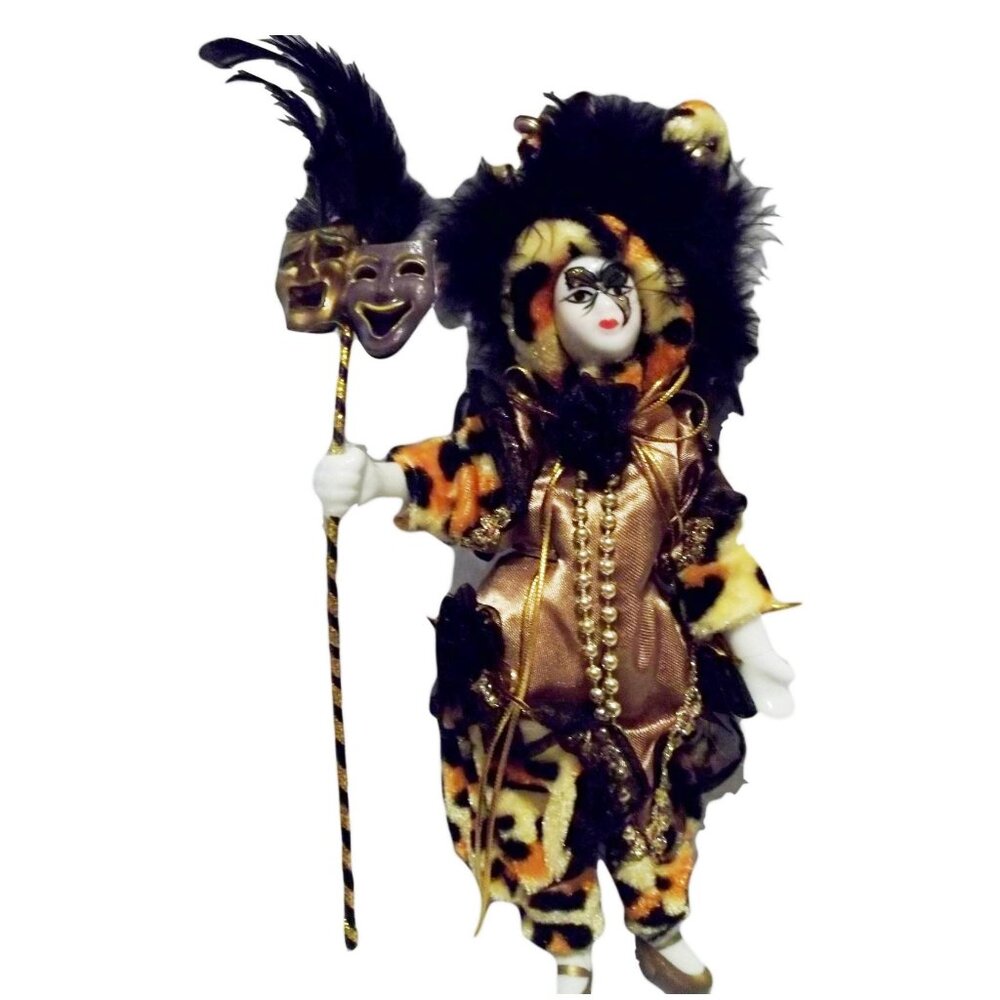 7 inch Jester Doll Mardi Gras Leopard Print on Stand White Porceline